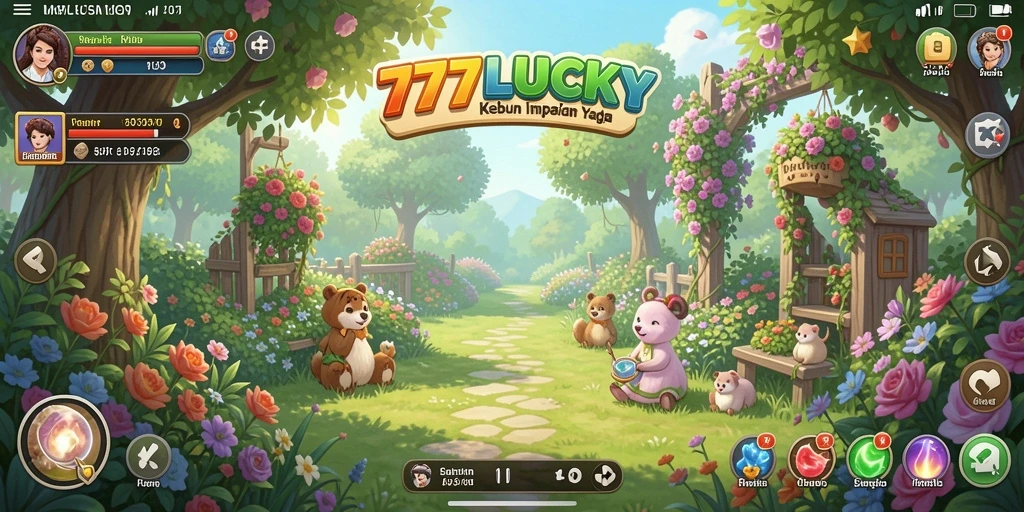 Screenshot 777LUCKY menampilkan kebun yang subur dan hasil panen berlimpah.