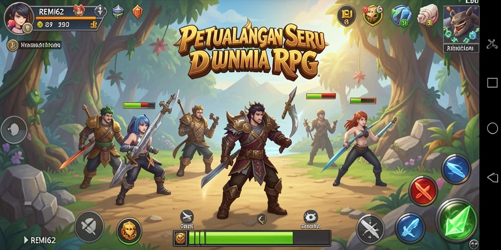 Screenshot utama REMI62 menunjukkan aksi epic dalam pertarungan RPG.