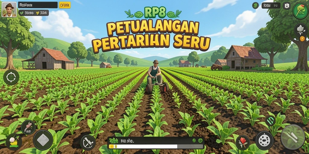 Tampilan gameplay seru RP8 dengan aktivitas bertani dan berkebun.