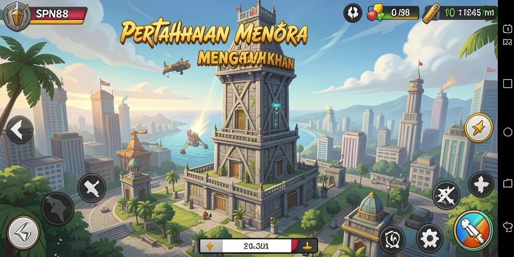 Screenshot SPN88 menampilkan aksi menara pertahanan yang mendebarkan.