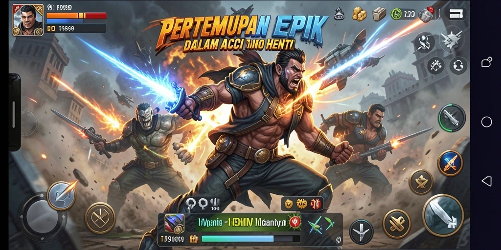 Screenshot gameplay T9999 menampilkan aksi pertempuran mendebarkan.